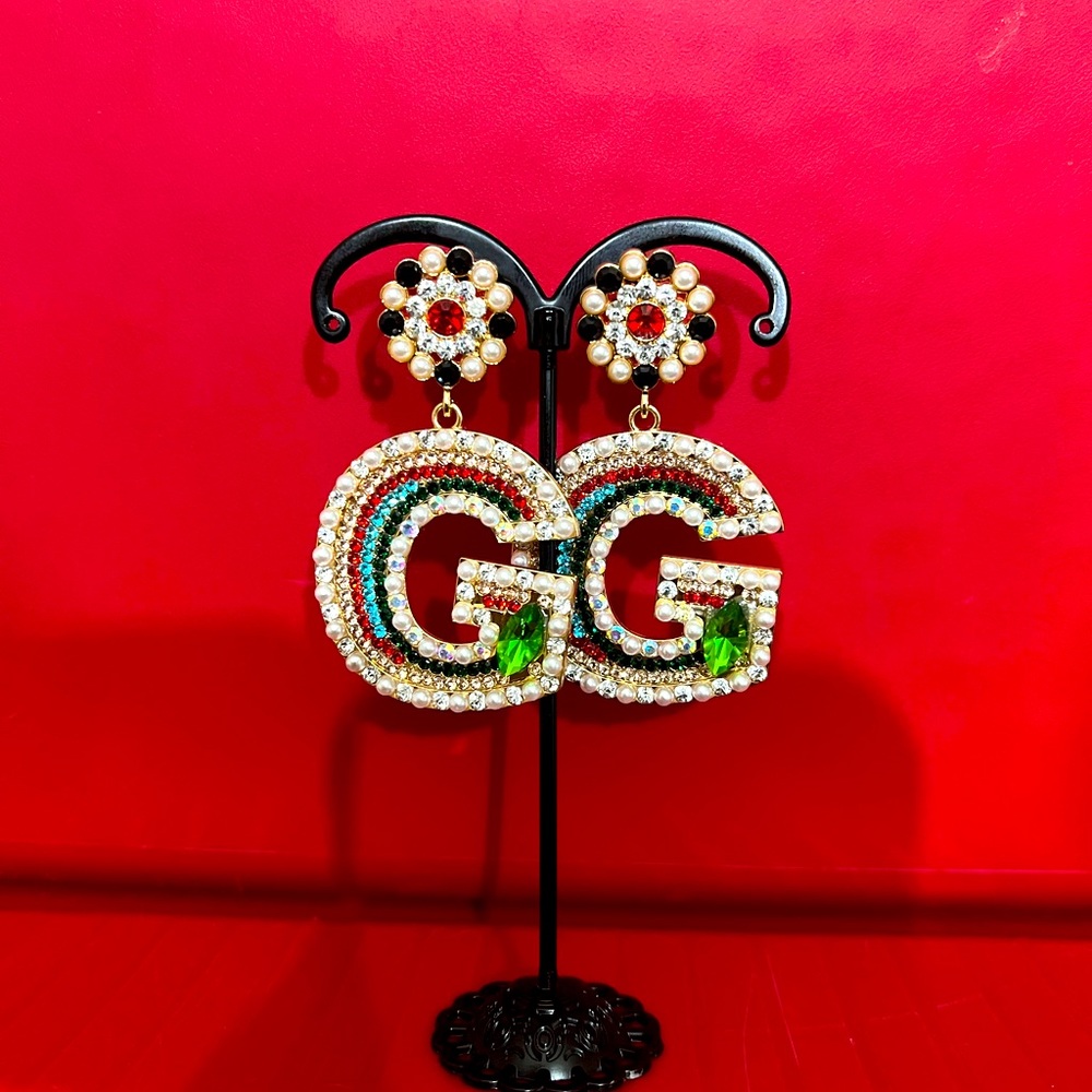 “G” Initial Multicolor Red, Black, White Rhinestone Pearl Earrings